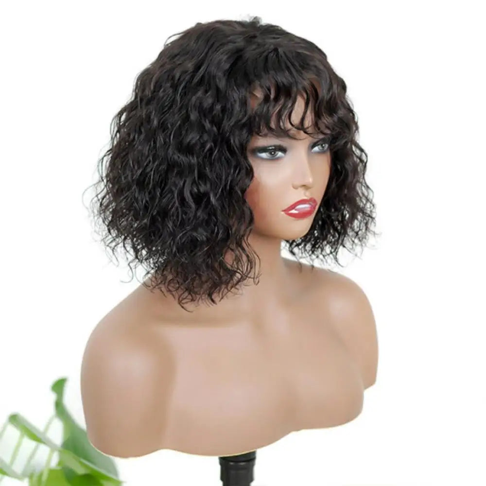 Water Wave BOB Wig with Bangs Human Hair 180% Medium Length Curly Wigs for Black Women Natural Black