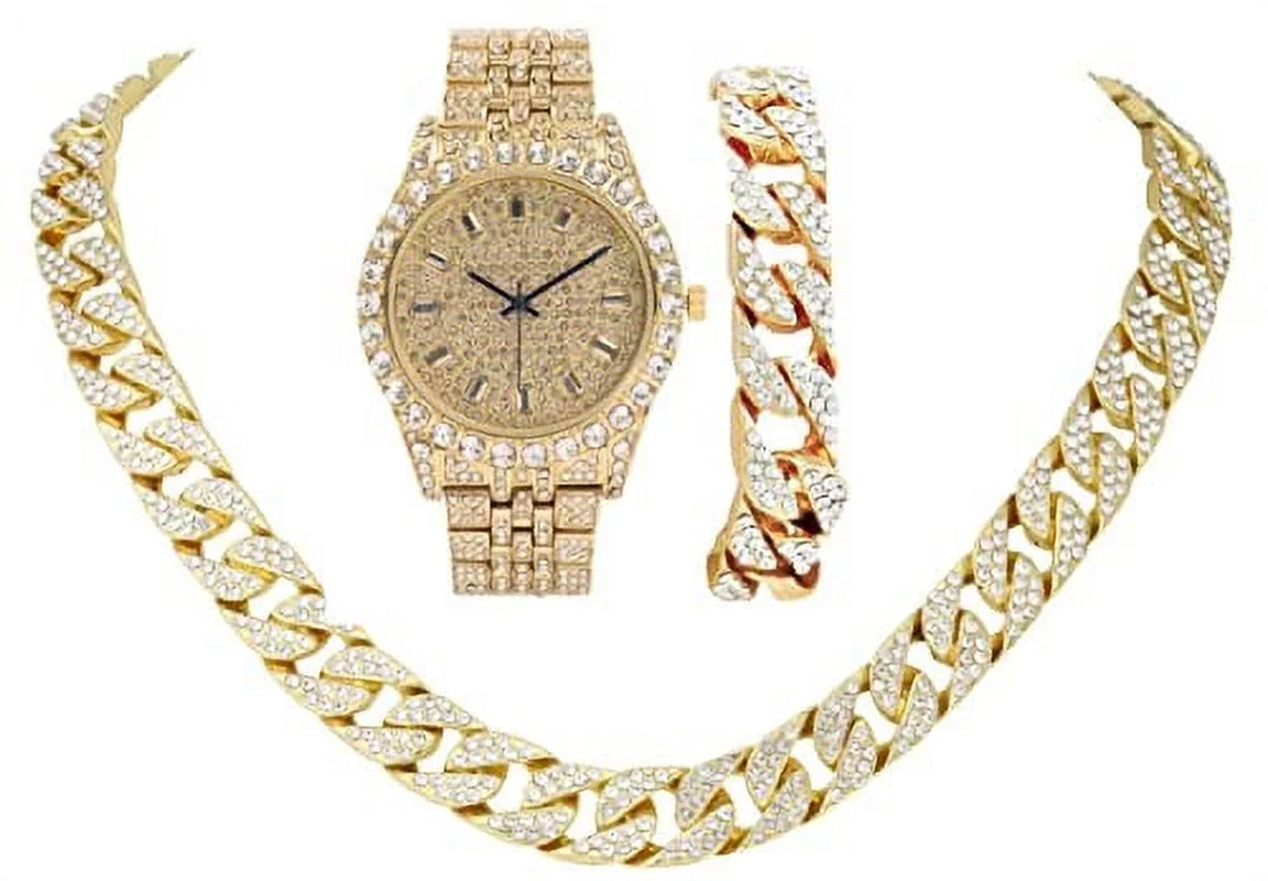 Blinged Out Cuban Necklace W/ Matching Bracelet and Fire Iced Out Timepiece