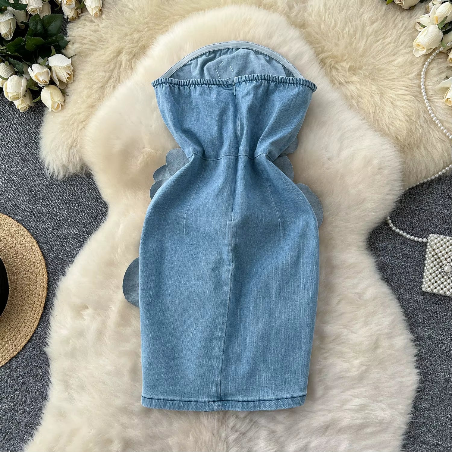 Sleeveless Sheath Dress Women'S Premium Sense Cubic Floral Denim Mini Dresses