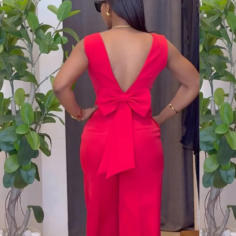 2025 Backless Bow V-Neck Sleeveless Top Vest Wide Leg Trousers Two Pieces Pant Set Office Wear for Women with Stylish Waistcoat