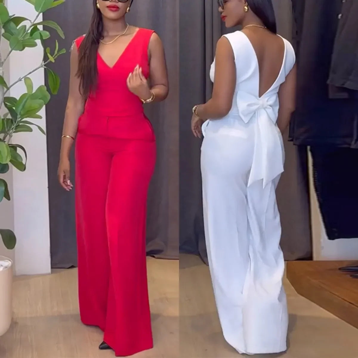 2025 Backless Bow V-Neck Sleeveless Top Vest Wide Leg Trousers Two Pieces Pant Set Office Wear for Women with Stylish Waistcoat