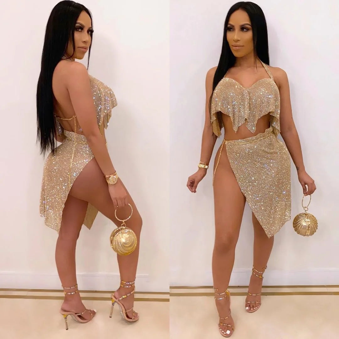 New Arrival Pullover Halter Top Bright Silk Chain Skirt Party Suit Two-Piece Female Casual Sequined Two-Piece Skirt