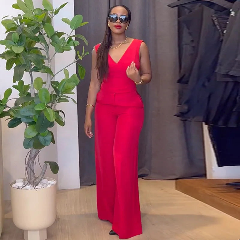 2025 Backless Bow V-Neck Sleeveless Top Vest Wide Leg Trousers Two Pieces Pant Set Office Wear for Women with Stylish Waistcoat