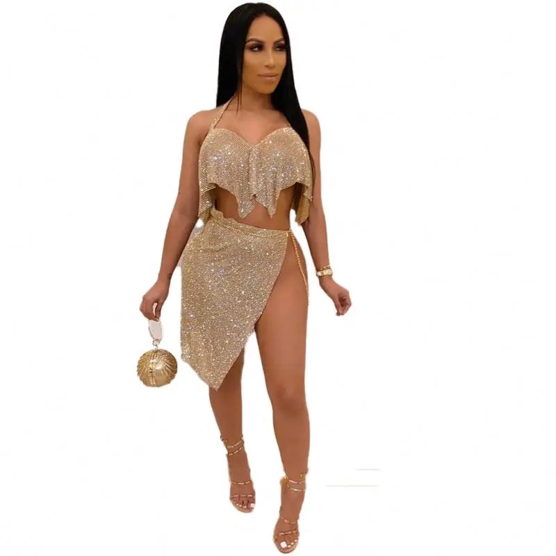 New Arrival Pullover Halter Top Bright Silk Chain Skirt Party Suit Two-Piece Female Casual Sequined Two-Piece Skirt