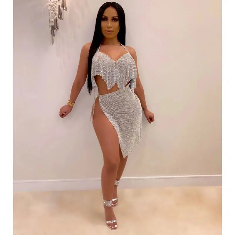 New Arrival Pullover Halter Top Bright Silk Chain Skirt Party Suit Two-Piece Female Casual Sequined Two-Piece Skirt