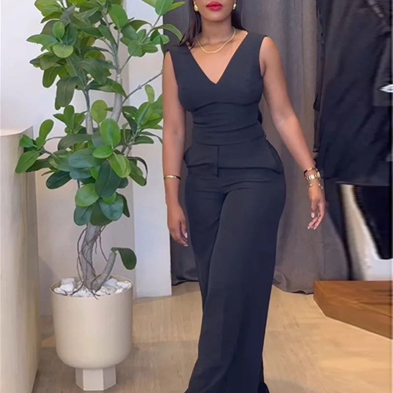 2025 Backless Bow V-Neck Sleeveless Top Vest Wide Leg Trousers Two Pieces Pant Set Office Wear for Women with Stylish Waistcoat