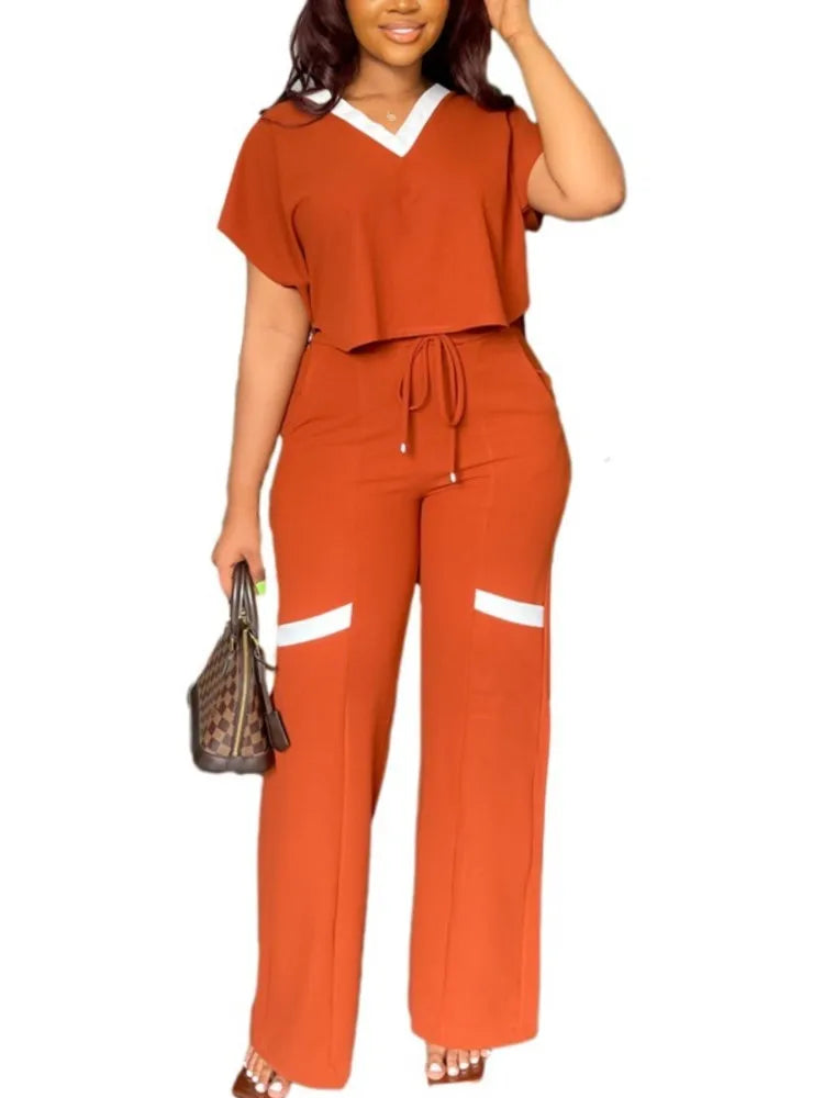  Solid V Neck Short Top & Straight Pants Two Piece Sets