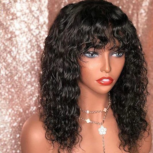 Water Wave BOB Wig with Bangs Human Hair 180% Medium Length Curly Wigs for Black Women Natural Black