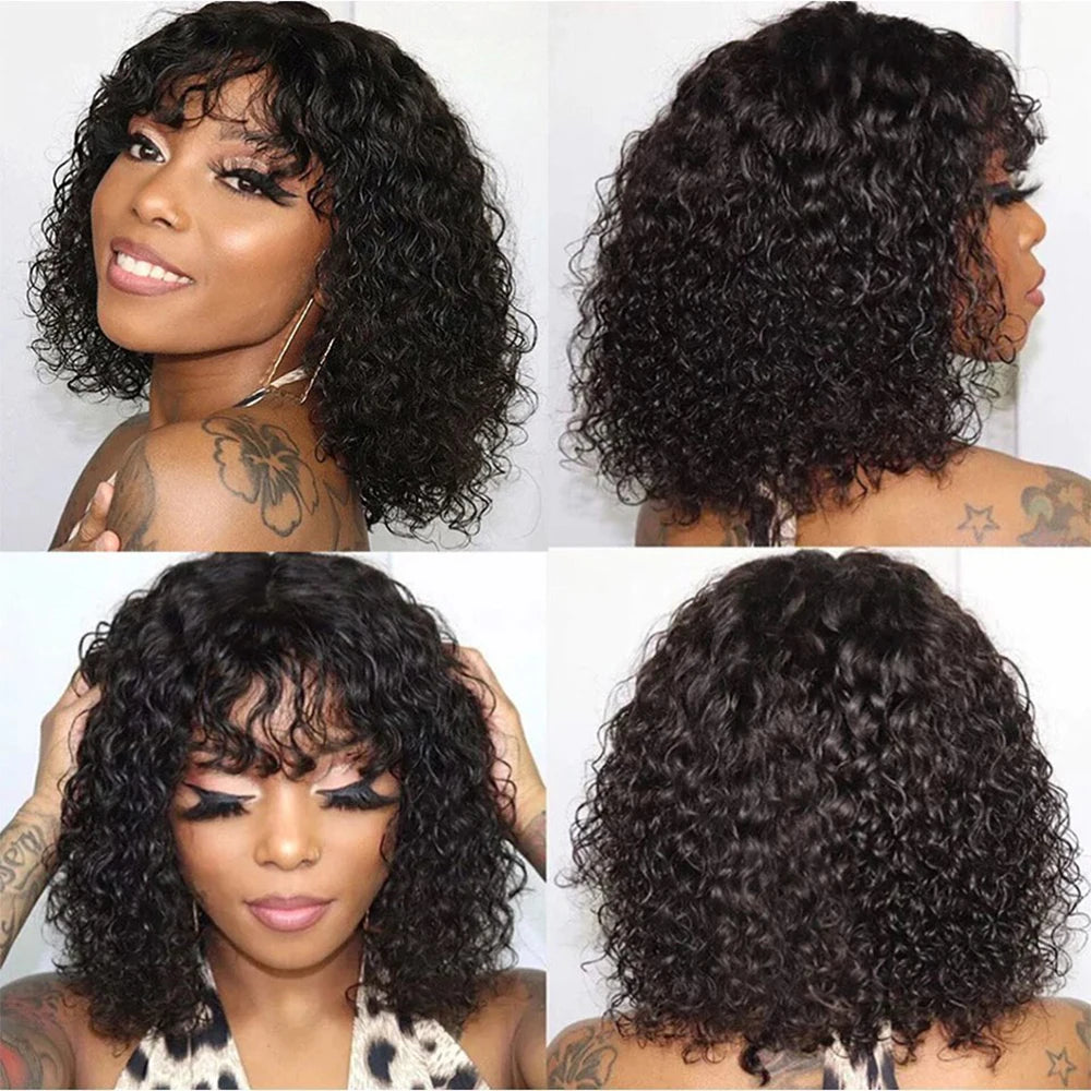 Water Wave BOB Wig with Bangs Human Hair 180% Medium Length Curly Wigs for Black Women Natural Black