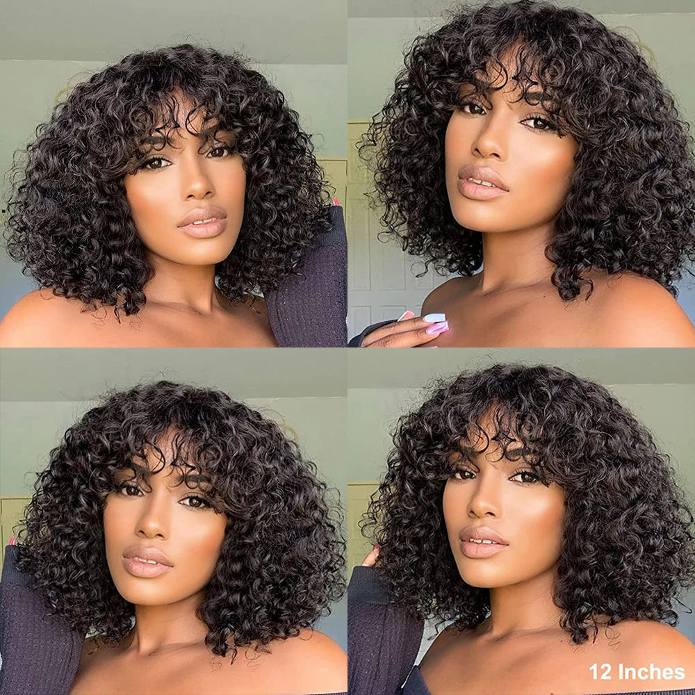 Water Wave BOB Wig with Bangs Human Hair 180% Medium Length Curly Wigs for Black Women Natural Black