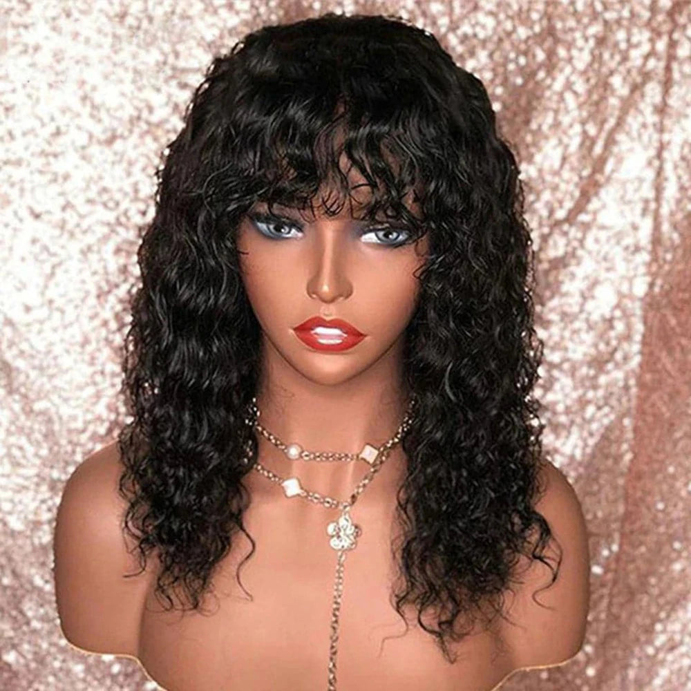 Water Wave BOB Wig with Bangs Human Hair 180% Medium Length Curly Wigs for Black Women Natural Black