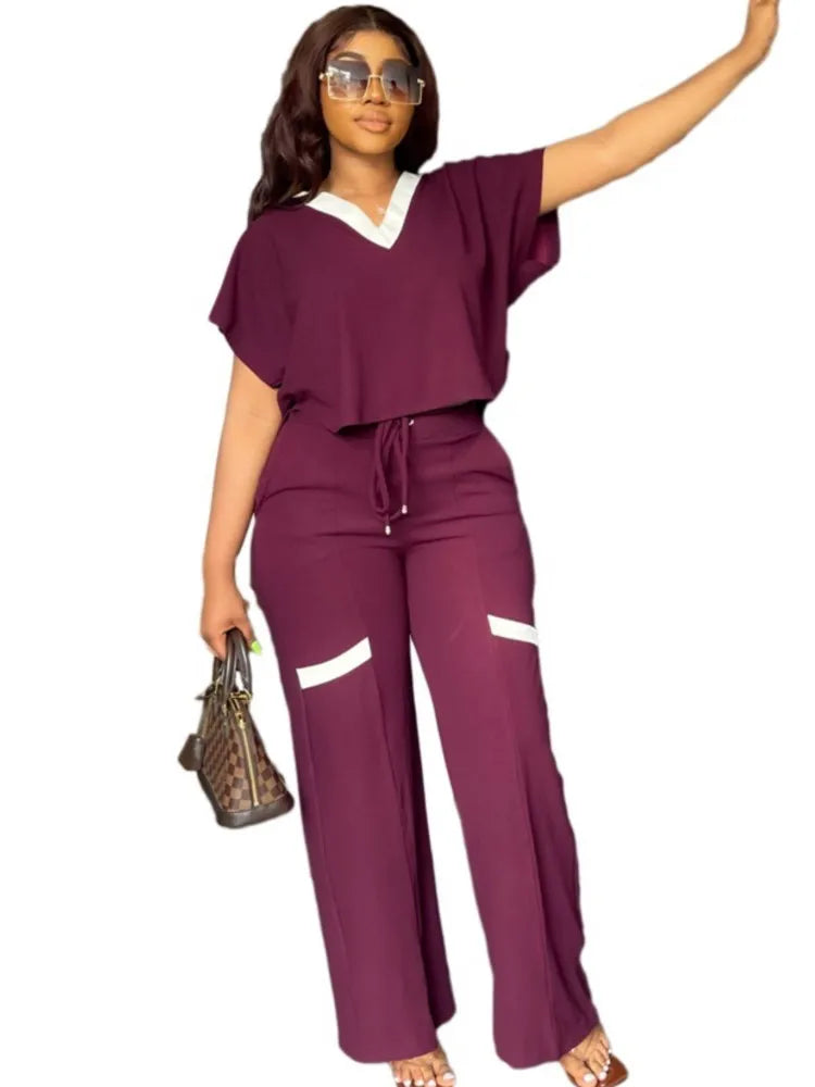  Solid V Neck Short Top & Straight Pants Two Piece Sets