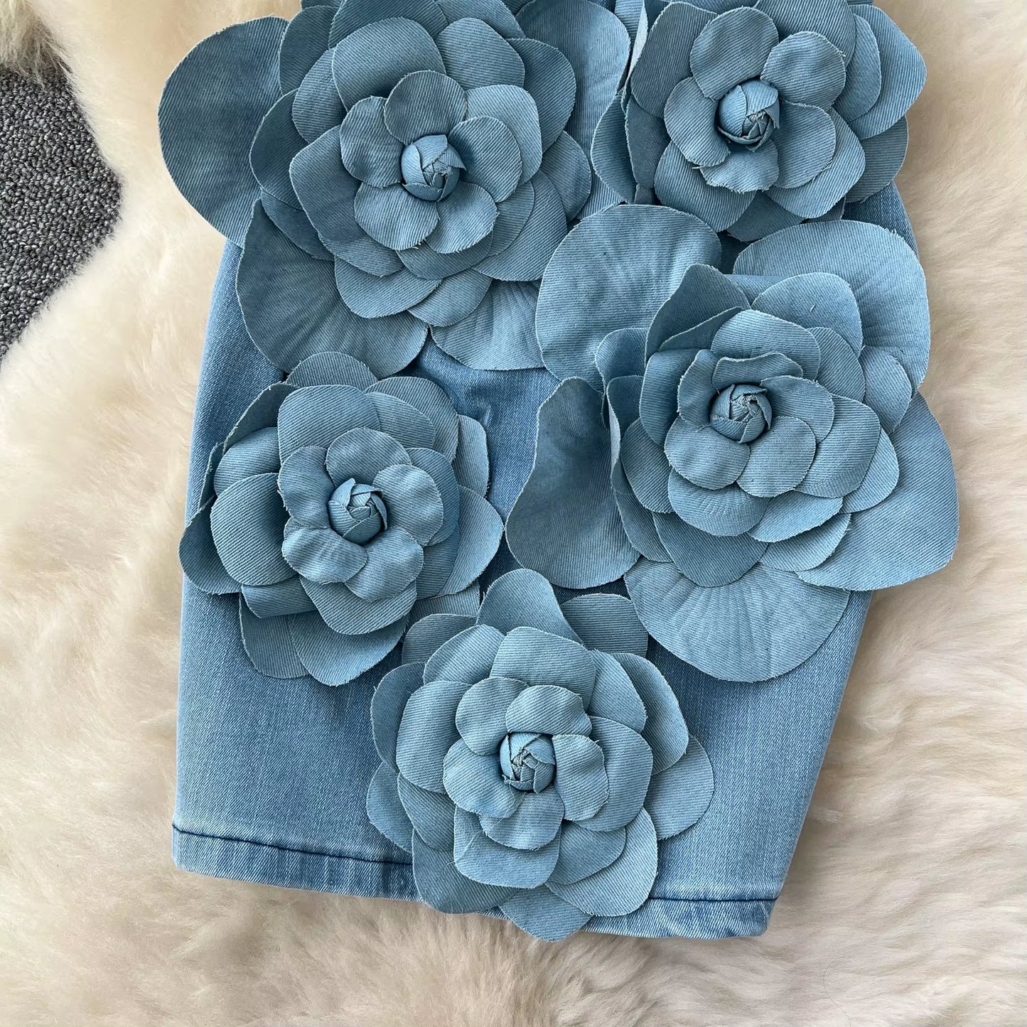 Sleeveless Sheath Dress Women'S Premium Sense Cubic Floral Denim Mini Dresses